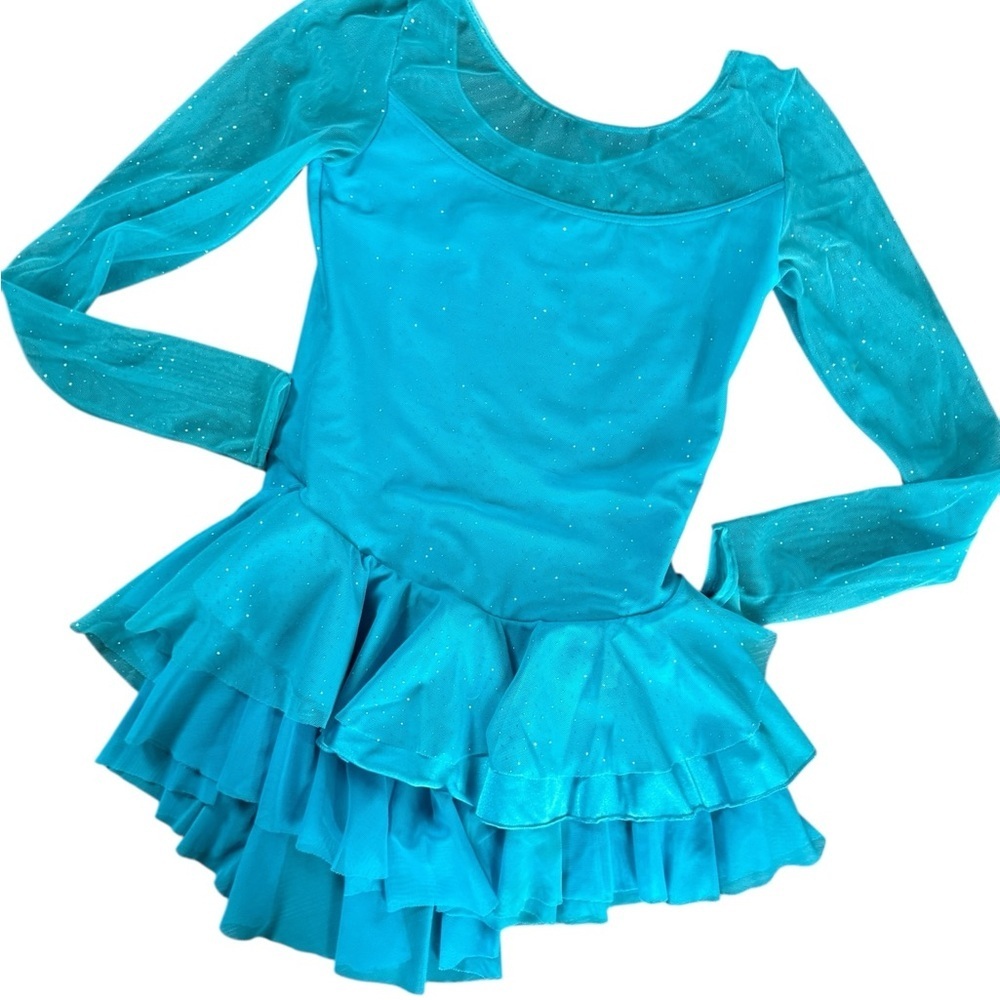 Mondor Figure Skate Dress, Sparkling Blue, Sheer Sleeves, Size Adult Small